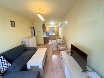 pohled na kuchyňský kout a obývací pokoj - Prodej bytu 2+kk v družstevním vlastnictví 46 m², Brandýs nad Labem-Stará Boleslav