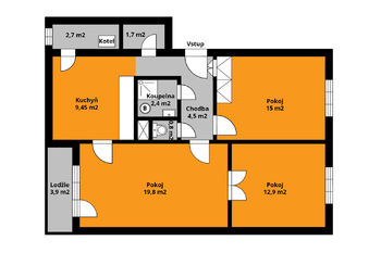 orientační půdorys - Pronájem bytu 3+1 v osobním vlastnictví 73 m², Čáslav