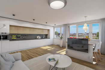 Vizualizace obývacího pokoje s kuchyňským koutem - Prodej bytu 4+1 v osobním vlastnictví 106 m², Praha 5 - Smíchov