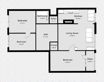 Půdorys - Prodej bytu 4+1 v osobním vlastnictví 82 m², Praha 9 - Horní Počernice