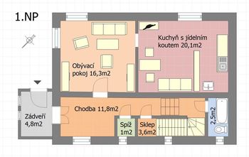 Půdorys 1. NP - Prodej domu 117 m², Černošice