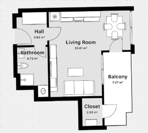 Půdorys - Prodej bytu 1+kk v osobním vlastnictví 32 m², Praha 10 - Strašnice