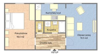 Půdorys bytu - Pronájem bytu 2+kk v osobním vlastnictví 51 m², Strakonice