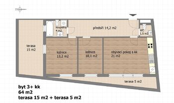 půdorys bytu  - Pronájem bytu 3+kk v osobním vlastnictví 64 m², Roztoky