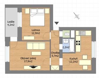 Půdorys - Prodej bytu 2+1 v osobním vlastnictví 56 m², Praha 10 - Strašnice