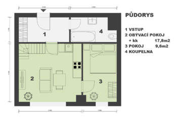 půdorys - Prodej bytu 2+kk v osobním vlastnictví 49 m², Praha 9 - Libeň