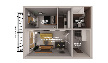 půdorys - Prodej bytu 2+kk v osobním vlastnictví 43 m², Praha 5 - Stodůlky