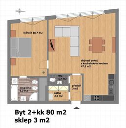 půdorys bytu  - Pronájem bytu 2+kk v osobním vlastnictví 80 m², Praha 5 - Smíchov