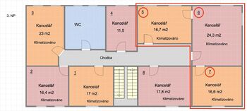 Půdorys patra. Nabízené kanceláře. - Pronájem kancelářských prostor 57 m², Písek