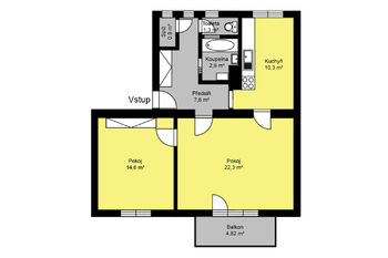 Orientační půdorys - Prodej bytu 2+1 v osobním vlastnictví 66 m², Kolín