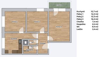 Orientační plánek bytu - Pronájem bytu 3+1 v osobním vlastnictví 71 m², Lanškroun