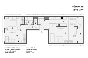 půdorys bytu - Prodej bytu 3+1 v družstevním vlastnictví 82 m², Praha 8 - Bohnice