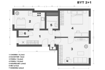 půdorys 2D - Prodej bytu 2+1 v osobním vlastnictví 74 m², Praha 7 - Holešovice