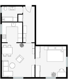 navrhovaný budoucí půdorys - úprava stávající kuchyně a koupelny - Prodej bytu 2+1 v osobním vlastnictví 61 m², Králíky