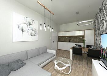 VIZUALIZACE - obývací pokoj s kuchyňským koutem - Prodej bytu 2+kk v družstevním vlastnictví 43 m², Praha 8 - Karlín