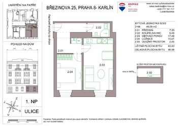 půdorys - Prodej bytu 2+kk v družstevním vlastnictví 43 m², Praha 8 - Karlín