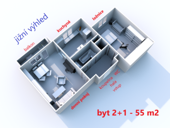 rozložení bytu ... - Prodej bytu 2+1 v družstevním vlastnictví 55 m², Havlíčkův Brod