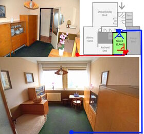 Ložnice/ dětský pokoj 2 pohledy s orientací plánku - Prodej bytu 4+1 v osobním vlastnictví 90 m², Praha 4 - Hodkovičky