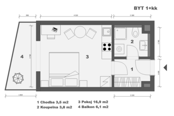 půdorys - Pronájem bytu 1+kk v osobním vlastnictví 31 m², Praha 9 - Libeň