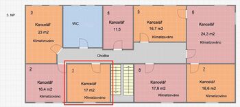 Půdorys podlaží, pozice kanceláře. - Pronájem kancelářských prostor 17 m², Písek