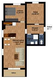 půdorys bytu 3+kk s balkonem - Pronájem bytu 3+kk v osobním vlastnictví 75 m², Litvínovice