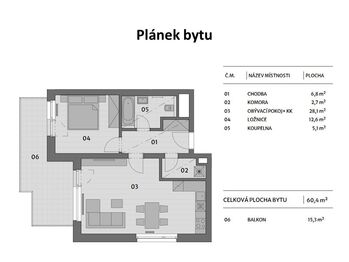 Plánek bytu - Pronájem bytu 2+kk v osobním vlastnictví 76 m², Praha 9 - Letňany