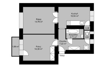 Orientační půdorys - Prodej bytu 2+1 v osobním vlastnictví 58 m², Kolín