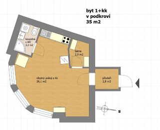 půdorys bytu - Pronájem bytu 1+kk v osobním vlastnictví 35 m², Praha 4 - Michle