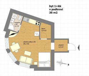 možné uspořádání nábytku - Pronájem bytu 1+kk v osobním vlastnictví 35 m², Praha 4 - Michle