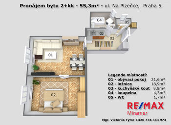 Pronájem bytu 2+1 v osobním vlastnictví 55 m², Praha 5 - Smíchov