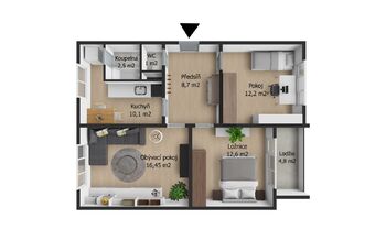 Aktuální dispozice - Prodej bytu 3+1 v osobním vlastnictví 65 m², Aš