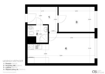 Půdorys - Pronájem bytu 2+kk v osobním vlastnictví 41 m², Praha 4 - Nusle