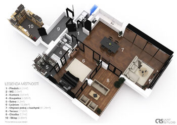 3D půdorys - Prodej bytu 2+kk v osobním vlastnictví 118 m², Praha 5 - Košíře