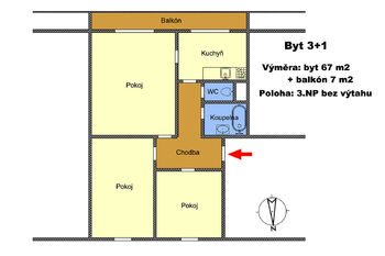 Půdorys - Prodej bytu 3+1 v osobním vlastnictví 74 m², Lanškroun