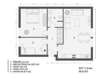 půdorys bytu - Pronájem bytu 3+kk v osobním vlastnictví 69 m², Přezletice