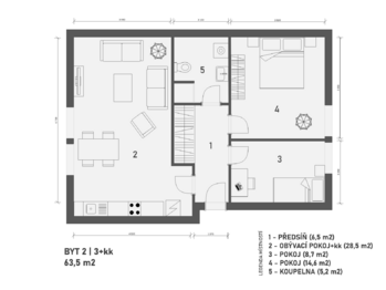 půdorys bytu - Pronájem bytu 3+kk v osobním vlastnictví 64 m², Přezletice