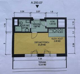 Plánek - Prodej bytu 1+kk v osobním vlastnictví 43 m², Praha 10 - Záběhlice