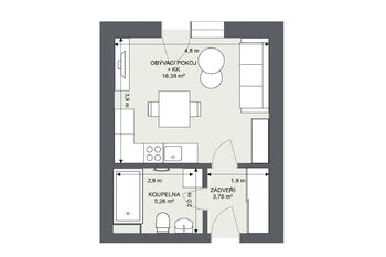 Půdorys bytu - Prodej bytu 1+kk v osobním vlastnictví 26 m², Praha 10 - Uhříněves