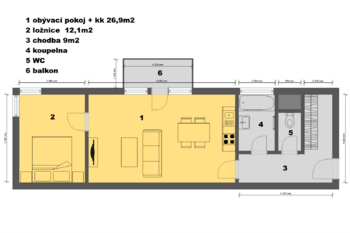 půdorys - Pronájem bytu 2+kk v osobním vlastnictví 57 m², Kutná Hora