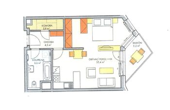 plán bytu 2kk Ondrákové - Pronájem bytu 2+kk v osobním vlastnictví 56 m², Praha 5 - Hlubočepy