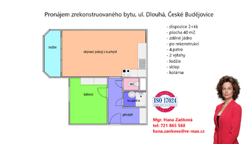 plánek - Pronájem bytu 2+kk v družstevním vlastnictví 40 m², České Budějovice