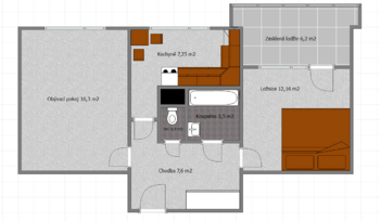 půdorys - Prodej bytu 2+1 v družstevním vlastnictví 55 m², Milovice