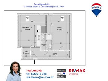 orientační půdorys - Prodej bytu 2+kk v osobním vlastnictví 49 m², České Budějovice