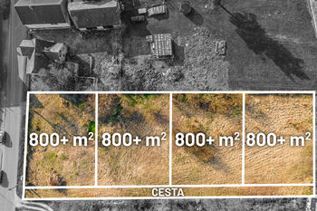 Grafické znázornění teoretického rozparcelování (výměry jsou orientační). - Prodej pozemku 3297 m², Číměř