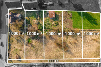 Grafické vyznačení teoretického rozparcelování (výměry jsou orientační). - Prodej pozemku 5081 m², Číměř