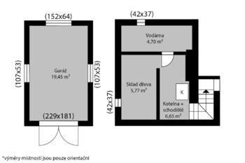 Orientační půdorys garáže a suterénu - Prodej domu 112 m², Roztoky u Jilemnice