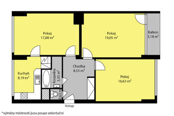 Orientační půdorys - Pronájem bytu 3+1 v osobním vlastnictví 80 m², Kolín