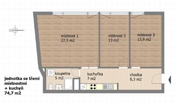 půdorys  - Pronájem bytu 3+1 v osobním vlastnictví 75 m², Roztoky