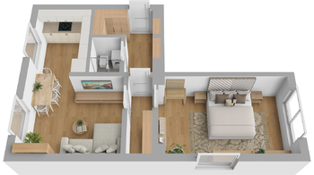 Návrh možného uspořádání - Prodej bytu 2+1 v osobním vlastnictví 53 m², Praha 4 - Michle 