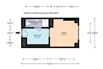 Půdorys - Pronájem bytu 1+kk v osobním vlastnictví 16 m², Praha 3 - Žižkov